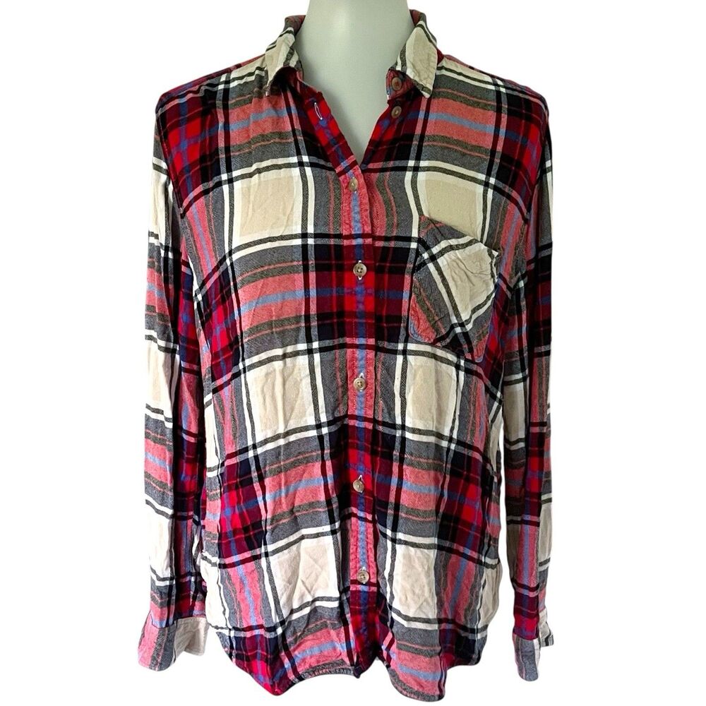 American Eagle Women's Boyfriend Fit Button Up Flannel Large Plaid Viscose Large